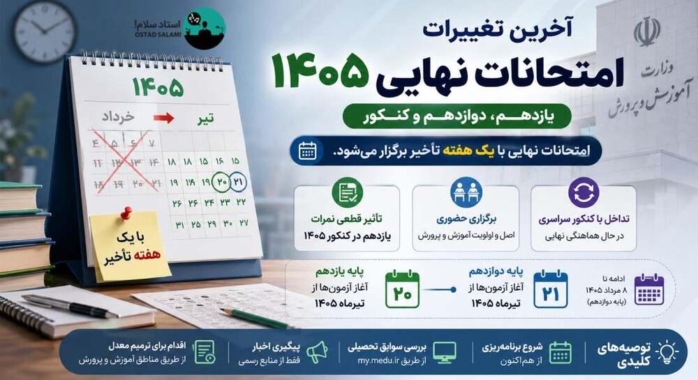 آخرین تغییرات امتحانات نهایی ۱۴۰۵ | یازدهم، دوازدهم و کنکور